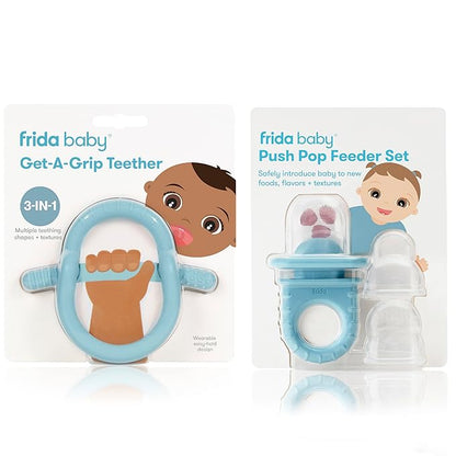 Frida Baby Push Pop Feeder, Baby Fruit Feeder + Get-A-Grip Teether Teething Toy | 100% Food-Grade Silicone Food Pacifier & Teether Toy for Baby 0-6 12, 18