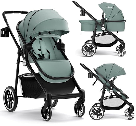 INFANS 2 in 1 Baby Stroller, High Landscape Infant Stroller & Reversible Bassinet Pram, Foldable Pushchair with Adjustable Canopy, Cup Holder, Storage Basket, Suspension Wheels (Green)