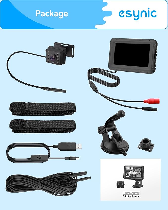 eSynic Baby Car Camera with 4.3 Inch Screen Backseat Baby Monitor 1080P HD Night Vision USB-Powered 360° Rotating Lens 150° Wide Angle 8 LEDs for Baby Car Seat Monitoring Driving Safety