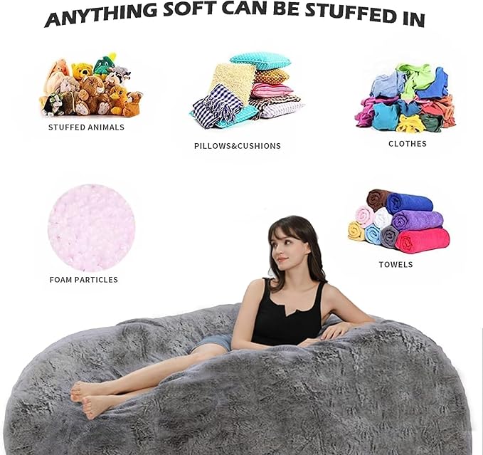 Bean Bag Cover for Kids Adults No Filler Soft Oversized Round Beanbag Chair Lazy Sofa Cover for Reading Chair Floor Chair, 6FT, Blue
