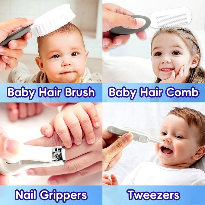 Baby Grooming Kit, Infant Safety Care Set with Baby Nose Aspirator，Baby Hair Brush Comb Nail Clipper Nasal Aspirator,Baby Essentials Kit for Newborn Girls Boys (17 Pc Grey White Kit)
