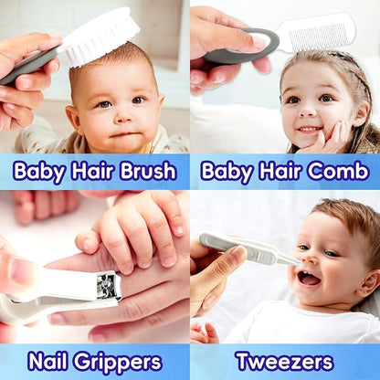 Baby Grooming Kit, Infant Safety Care Set with Baby Nose Aspirator，Baby Hair Brush Comb Nail Clipper Nasal Aspirator,Baby Essentials Kit for Newborn Girls Boys (17 Pc Grey White Kit)