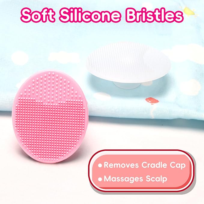 Cradle Cap Brush for Babies, Baby Bath Essentials with Silicone Scrubber Bath Sponge Dual-Sided Comb for Newborns Toddlers Boys Girls (Pink, Set of 5)