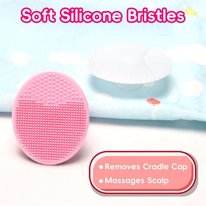 Cradle Cap Brush for Babies, Baby Bath Essentials with Silicone Scrubber Bath Sponge Dual-Sided Comb for Newborns Toddlers Boys Girls (Pink, Set of 5)