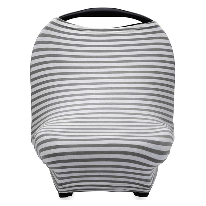 Parker Baby 4 in 1 Car Seat Cover for Girls and Boys - Stretchy Carseat Canopy, Nursing Cover, Grocery Cart Cover, High Chair Cover - Gray/White Stripes