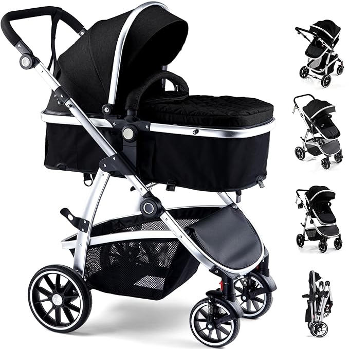 Baby Stroller, 2-in-1 Reversible Toddler Seat with Lie-Flat Mode, Foldable Infant Stroller with Canopy, One Button Brake, Adjustable Handle, Newborn Pushchair(Black)