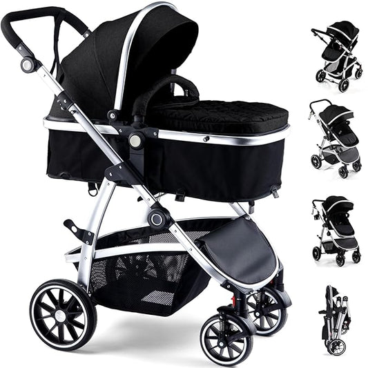 Baby Stroller, 2-in-1 Reversible Toddler Seat with Lie-Flat Mode, Foldable Infant Stroller with Canopy, One Button Brake, Adjustable Handle, Newborn Pushchair(Black)