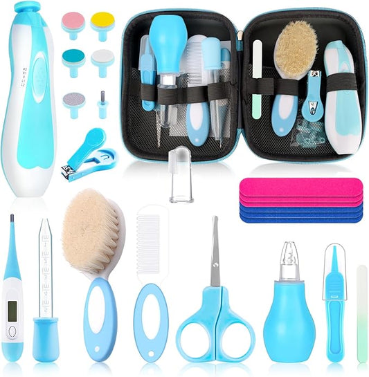 Baby Healthcare and Grooming Kit, Baby Safety Set Newborn Nursery Health Care Set with Hair Brush Scale Measuring Spoon Nail Clippers for Baby Girls Boys (24PCS Blue)
