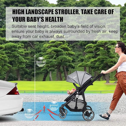 INFANS 2 in 1 Baby Stroller, High Landscape Infant Stroller & Reversible Bassinet Pram, Foldable Pushchair with Adjustable Canopy, Cup Holder, Storage Basket, Suspension Wheels (Volcanic Ash)