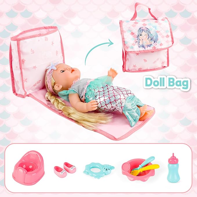 deAO Baby Doll Stroller Crib Bed Nursery Role Play Set Baby Doll Accessories and Play Mat,Travel Cot