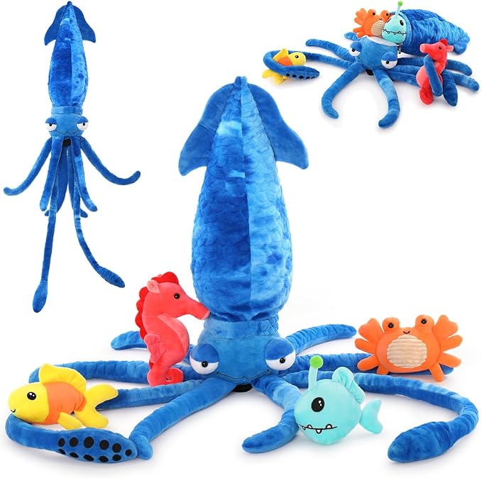 Giant Squid Stuffed Animal Toy 41.3 inches with Four pcs of Marine Animal Plush Dolls Clownfish,Crab
