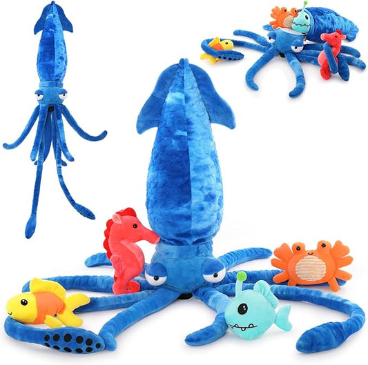 Giant Squid Stuffed Animal Toy 41.3 inches with Four pcs of Marine Animal Plush Dolls Clownfish,Crab