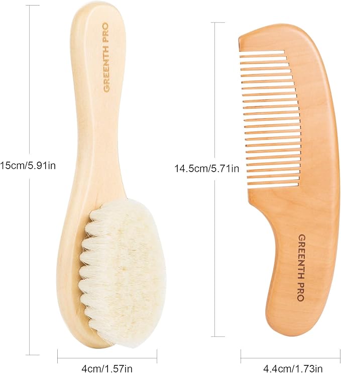 Baby Hair Bush and Comb Set -Nature Lotus Wood with Soft Goat Bristle and Pear Wood Comb for Newborns & Toddlers, Ideal for Cradle Cap