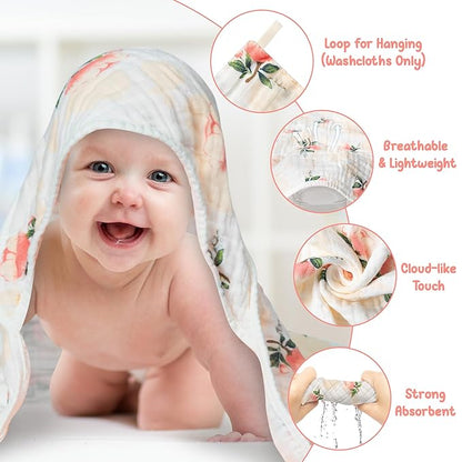 Zainpe 4Pcs Muslin Baby Hooded Towel & Washcloth Set Flowers 31.5 x 31.5 in
