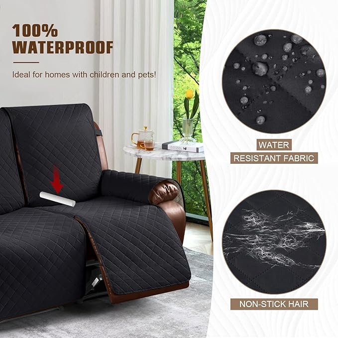 KinCam Waterproof Oversized Loveseat Recliner Cover, Non-Slip Reclining Couch Covers for 2 Seat, Recliner Sofa Cover Furniture Protector with Elastic Straps for Kids, Pets, Black