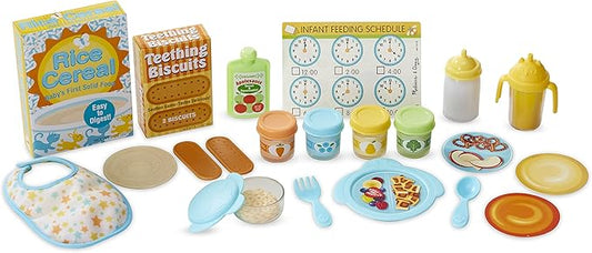 Melissa & Doug Mine to Love Mealtime Play Set for Dolls with Bottle, Pretend Baby Food Jars (24 pcs)