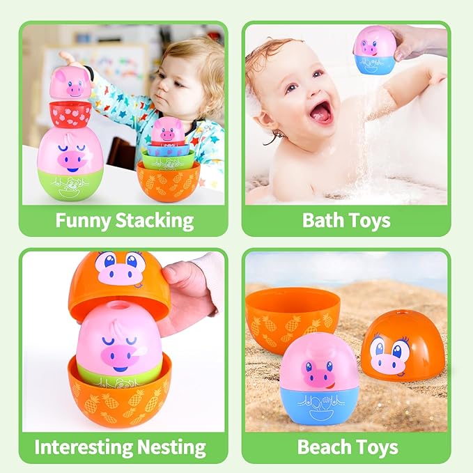 Piggy Toddler Stacking Nesting Toys for Toddlers 1-3, 8PCS Pig Eggs Matching Game STEM Preschool Learning Sensory Nesting Dolls Animals Baby Bath Toys Gift for 6 Months+