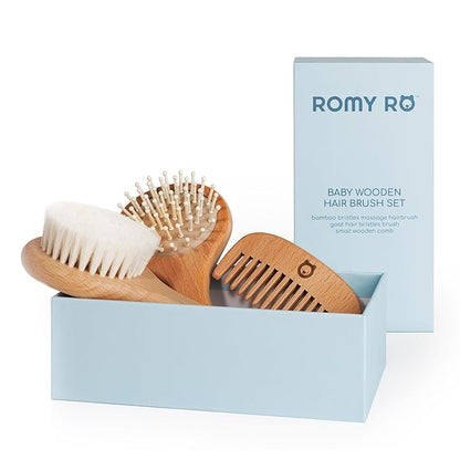 3 Piece Wooden Hair Brush Set for Newborns & Toddlers - Ultra Soft Natural Goat Hair and Wood Brushes in Chic Gift Box