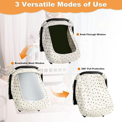 Muslin Cotton Car Seat Cover Baby, Universal Fit Carseat Cover for Baby, Infant Car Seat Cover with Mesh Peep Window, Baby Car Seat Cover for Carrier, Stroller, High Chair, Shopping Cart (Heart)