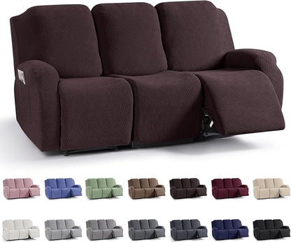 KinCam Recliner Covers, Stretch Reclining Chair Covers, Recliner Sofa Slipcovers Stripe Jacquard Recliner Couch Covers Furniture Protector Covers for Pet Kid (3 Seater, Chocolate)