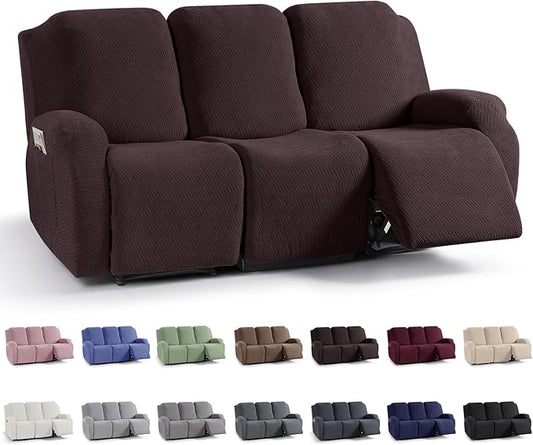 KinCam Recliner Covers, Stretch Reclining Chair Covers, Recliner Sofa Slipcovers Stripe Jacquard Recliner Couch Covers Furniture Protector Covers for Pet Kid (3 Seater, Chocolate)
