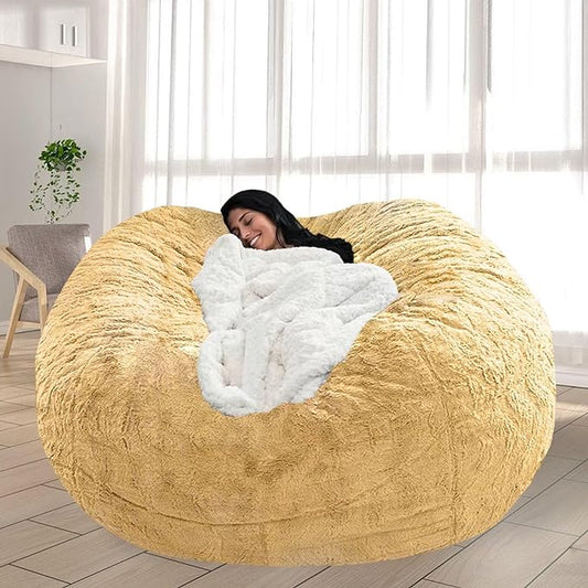 Bean Bag Chair for Adults and Kids Without Filler Soft Oversized Round Cover for Giant Beanbag Chair Lounge Chair Lazy Sofa Stuffed Animal Toyes Storage, 7FT, Lemon Yellow