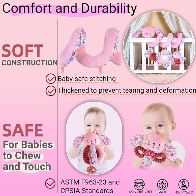 Baby Spiral Car Seat Toys for Babies 0-6 Months Girl Boy, Stroller Hanging Rattles, Infant Stuffed Animals Carseat Activity Toy 3-6-12 Months, Newborn Shower Gifts Mirror, Crinkle, Bunny 3PCS