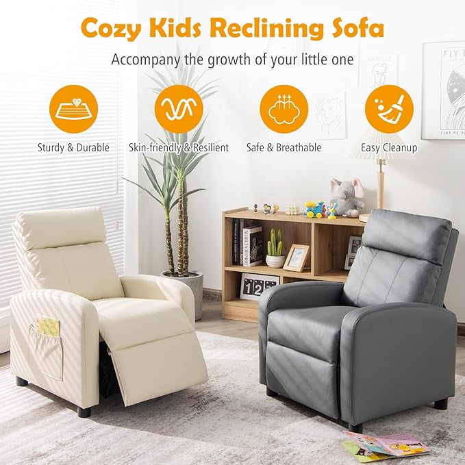 Costzon Kids Recliner, Adjustable PU Leather Lounge Chair w/Side Pockets, Footrest, Headrest for Kids Room & Play Room, Easy to Clean, Padded Recliner Sofa for Children Boys Girls Aged 3-12 (Beige)