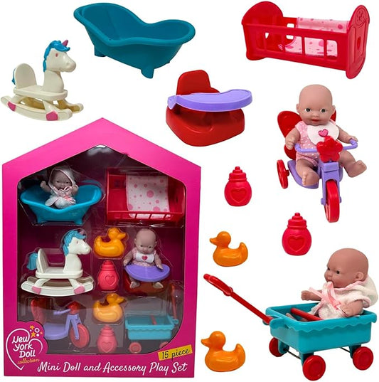 Mini Baby Doll Set, Small Baby Doll Playset with Mini Doll Accessories & 5 inch Doll Furniture 15pc Tiny