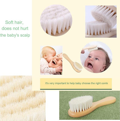 Baby Hair Brush, Goat Bristles Brush and Rose Red Baby Silicone Brush Set for Cradle Cap Wood Bristle Brush for Newborns and Toddlers (2 Piece)