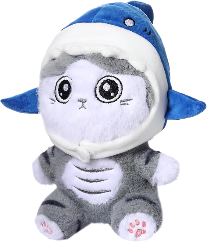 MIAODAM Cute Cat Plushie with Shark Stuffed Animal Hat - Soft Shark Cat Plush Toy Stuffed Animal Doll, for Baby (20cm/7.8in)