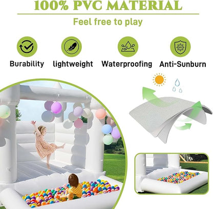 White Bounce House with Ball Pit 10x8x8 FT Inflatable Indoor 3-12,PVC White