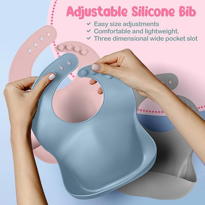 24 Pack Silicone Baby Feeding Set - 6+ Months Food Grade Baby Feeding Essentials | Silicone Bibs, Baby Bowls and Plates, 3 in 1 Baby Sippy Cup, Spoons and Fork Set | Free of BPA/PVC/Lead/Phthalate