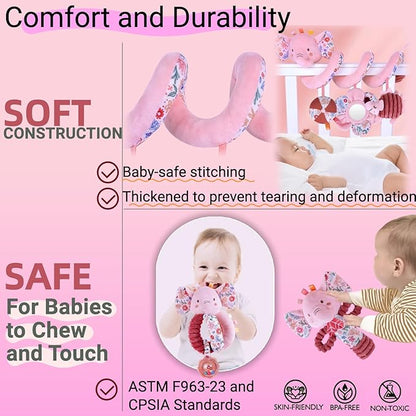 Infant Toys 0-6 Months Spiral Car Seat Toy - Baby Stroller Hanging Rattles Crib Toy Stuffed Animals for Babies 0-3-4-5-6-12 Month, Newborn Girl Boy Shower Gifts, Mirror Crinkle, Elephant 3PCS