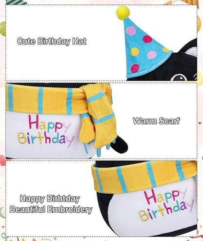 Stuffed Cat Birthday Plush Gift - Adorable Black Cat Stuffed Doll, Cute Birthday Hat and Scarf, Soft Huggable for Kids, Cute Decor, 8 Inch