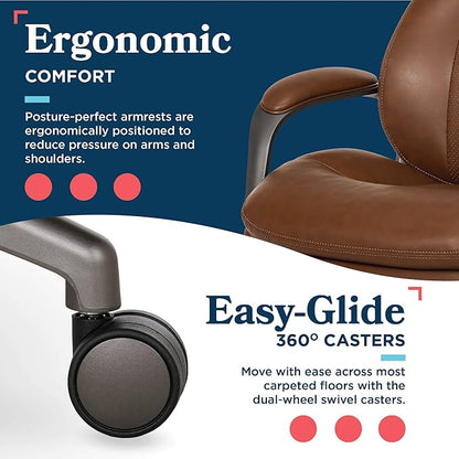 La-Z-Boy Nova Vegan Leather Modern Executive Ergonomic Design Office Chair, Memory Foam Thick Contoured Seat Back with Patented Lumbar Support Technology, Soft to Medium Sit Comfort, Cognac