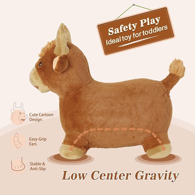 INPANY Bouncy Bull Hopping Toys - Toddler Brown Plush Highland Cow Hopper, Kids Inflatable Farm Animal Hopper Horse 2 3 4 Year