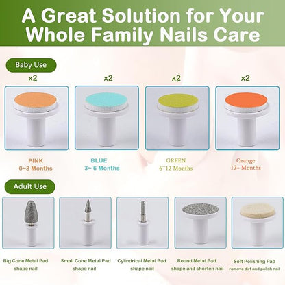 Rechargeable Baby Nail Trimmer, FANSIDI Baby Nail File Safe Baby Nail Filer Electric with 13 Replacement Pads, Trim Polish Grooming Kit for Newborn Infant Toddler or Adults Toes Fingernails Care