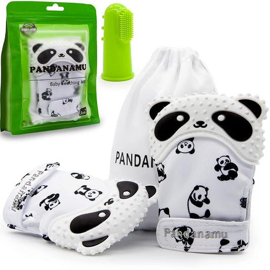 Baby Teething Mitten Panda Teether Mitten with Baby Toothbrush & Toy(2 Mittens