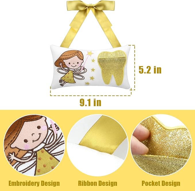 Tooth Fairy Pillow with Pocket for Girls and Boys Kids 8.6 x 4.8 inches