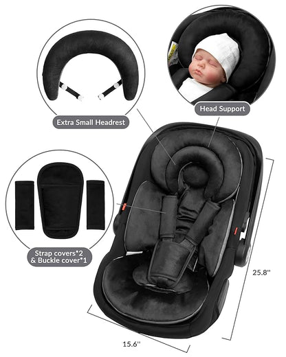 Infant Car Seat Insert with Extra Cushion for Preemie to Infants, Reversible Newborn Carseat Insert Head Support, Fits for Stroller, Baby Swing, Rocker, Bassinets, Pushchair (Pure Black)