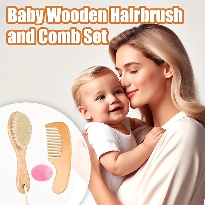 Wooden Baby Hair Brush and Comb Set, 3Pcs Natural Soft Goat Bristles Brush Cradle Cap Comb Baby Shower Scrubber Perfect Scalp Grooming Product for Newborn, Toddler, Infant (Pink)