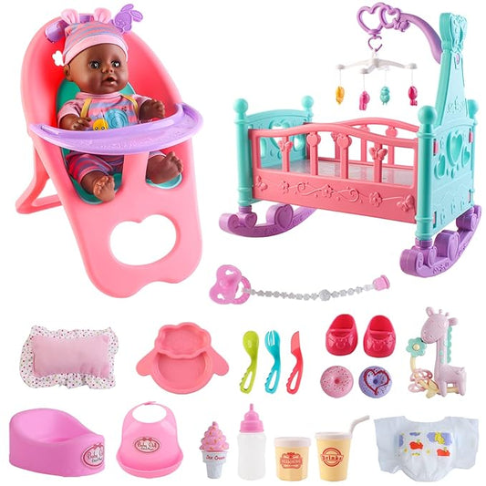 deAO Black Baby Doll Set with Crib American Baby Doll 21 Pieces