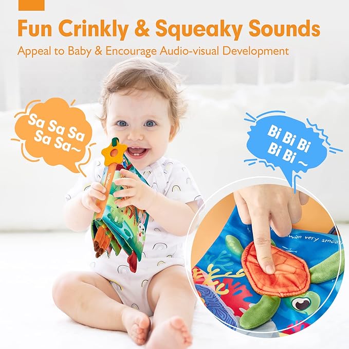 hahaland Baby Books 0-6 Months - 2 PCS Sensory Montessori Toys for Babies 0-6 Months with Crinkle Squeaky Sounds, Mirrors