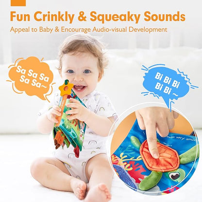 hahaland Baby Books 0-6 Months - 2 PCS Sensory Montessori Toys for Babies 0-6 Months with Crinkle Squeaky Sounds, Mirrors