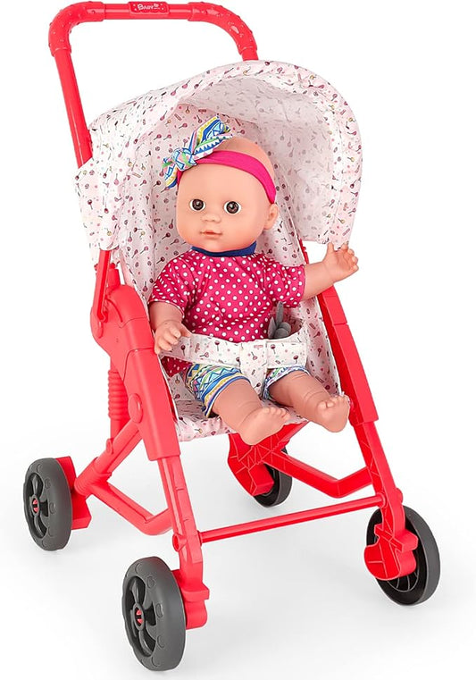 deAO Baby Doll Stroller, 13 inch Pink Dolls Pretend Play 3 4 5 6 7 8 9 Girls