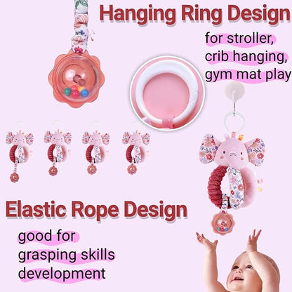 Infant Toys 0-6 Months Spiral Car Seat Toy - Baby Stroller Hanging Rattles Crib Toy Stuffed Animals for Babies 0-3-4-5-6-12 Month, Newborn Girl Boy Shower Gifts, Mirror Crinkle, Elephant 3PCS