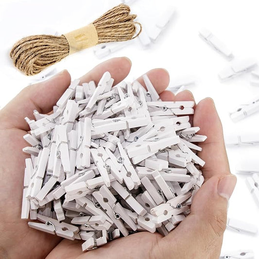 260Pcs White Mini Clothes Pins for Photos, Small Clothes Pins with Jute Twine