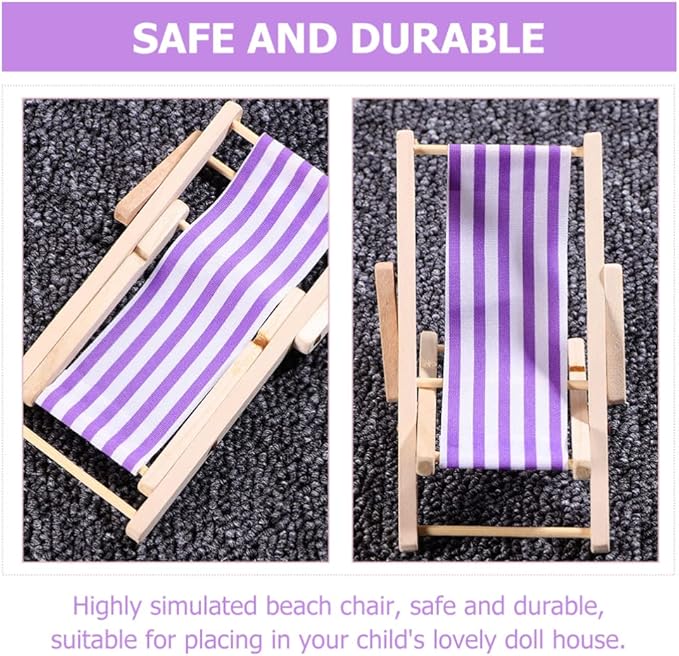 STOBOK Beach Accessories 3 Pcs Miniature Beach Chair Foldable Wooden Beach Chair Mini Lounge Chair Model Stripe Sunbath Chair and Desk Set Adorn for Kids Adults (Purple) Tiny Home