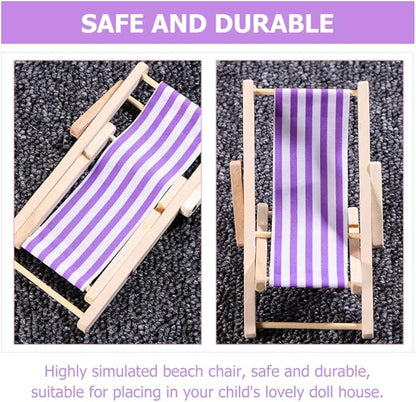 STOBOK Beach Accessories 3 Pcs Miniature Beach Chair Foldable Wooden Beach Chair Mini Lounge Chair Model Stripe Sunbath Chair and Desk Set Adorn for Kids Adults (Purple) Tiny Home